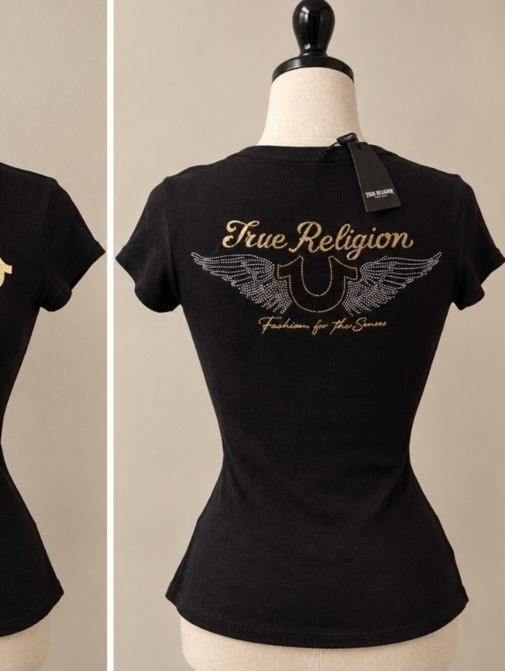 NEW!! True Religion Black Tee with Gold Logo and Silver Wing Embellishments